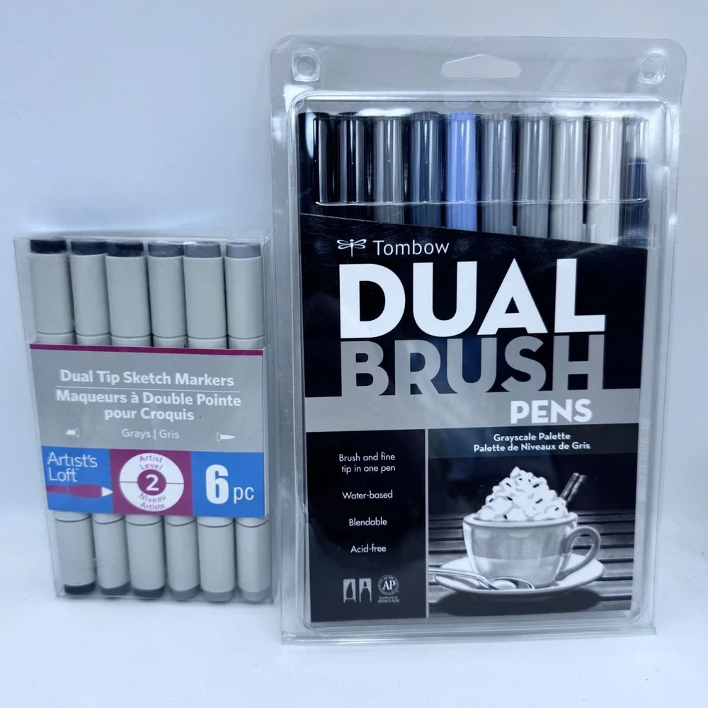 Tombow Dual Brush Pens Grayscale‎ 10pc & Artist's Loft Sketch Markers Bundle New